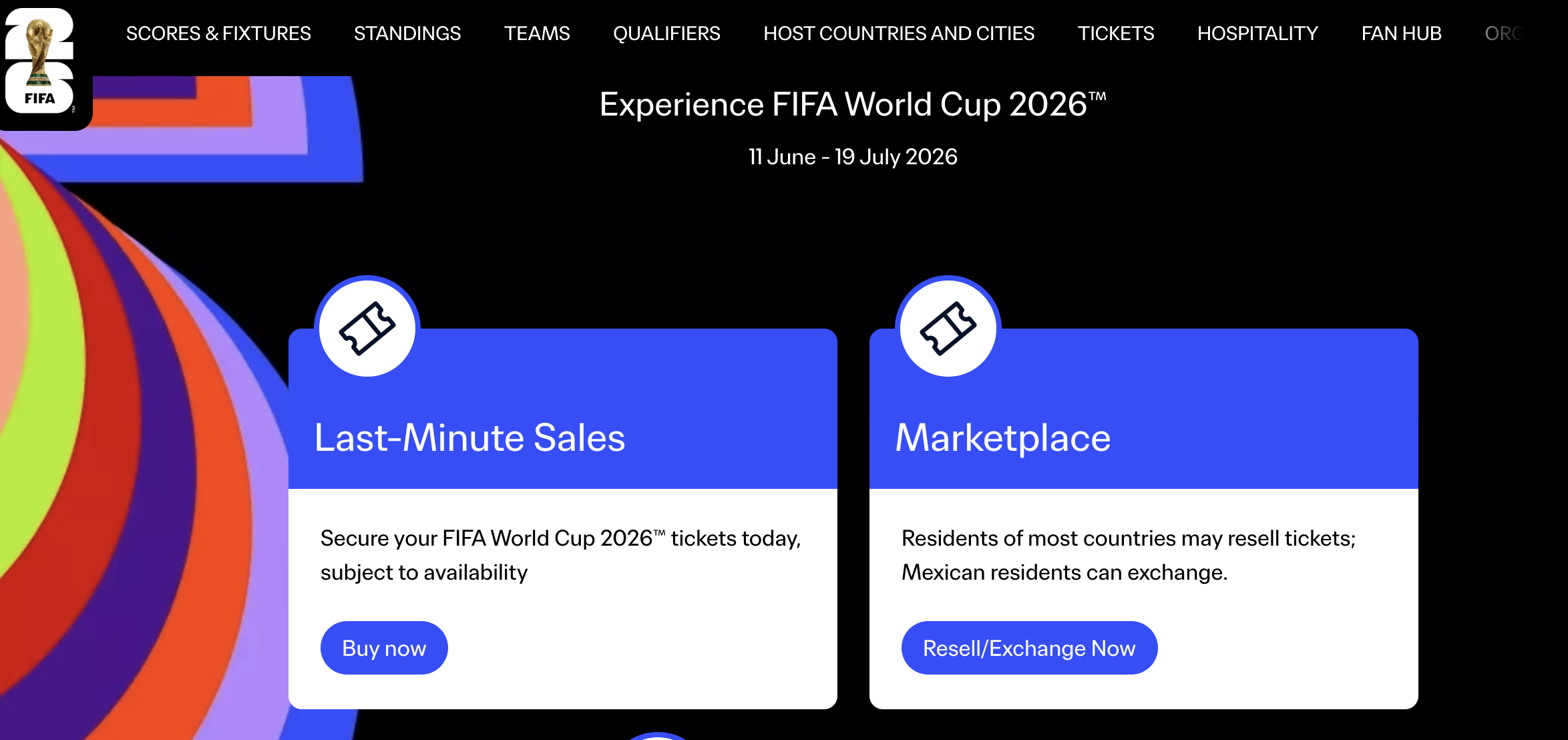 FIFA World Cup 2026 ticketing page showing Last-Minute Sales and Marketplace options