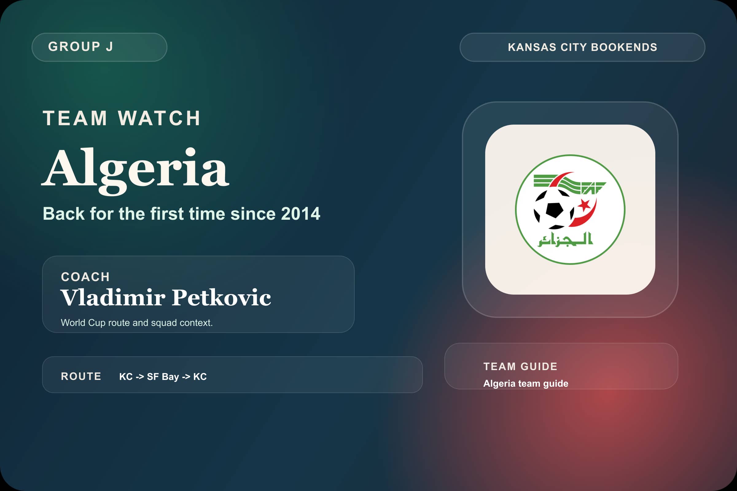 Algeria World Cup 2026 team guide graphic with Algeria crest, Vladimir Petkovic, Group J and the Kansas City to San Francisco Bay Area route.