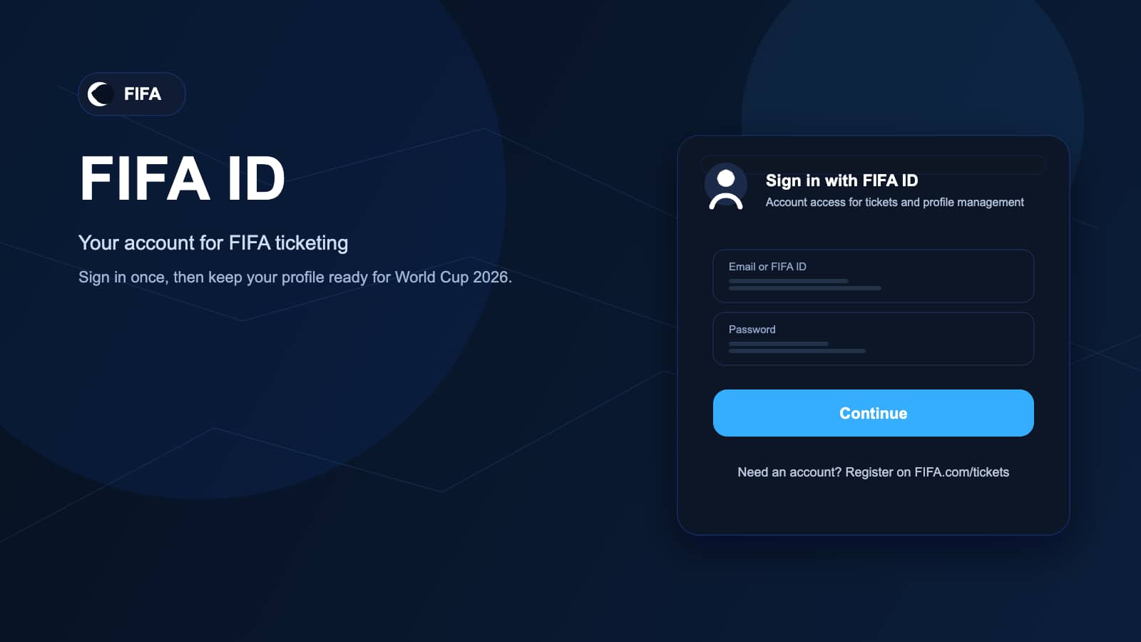 Editorial graphic showing a FIFA ID login panel for World Cup 2026.