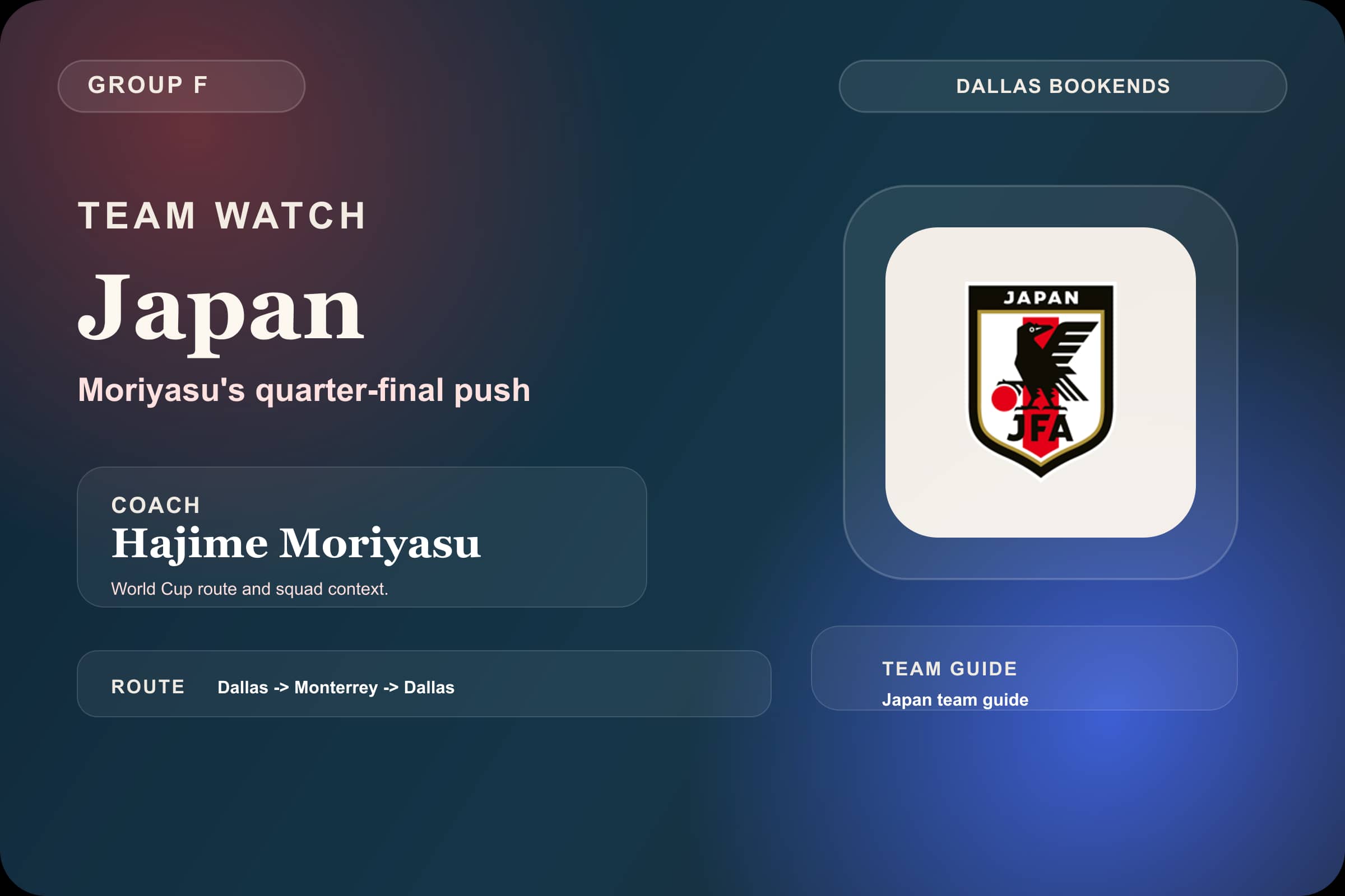Japan World Cup 2026 team guide graphic with Japan crest, Hajime Moriyasu, Group F and the Dallas to Monterrey route.