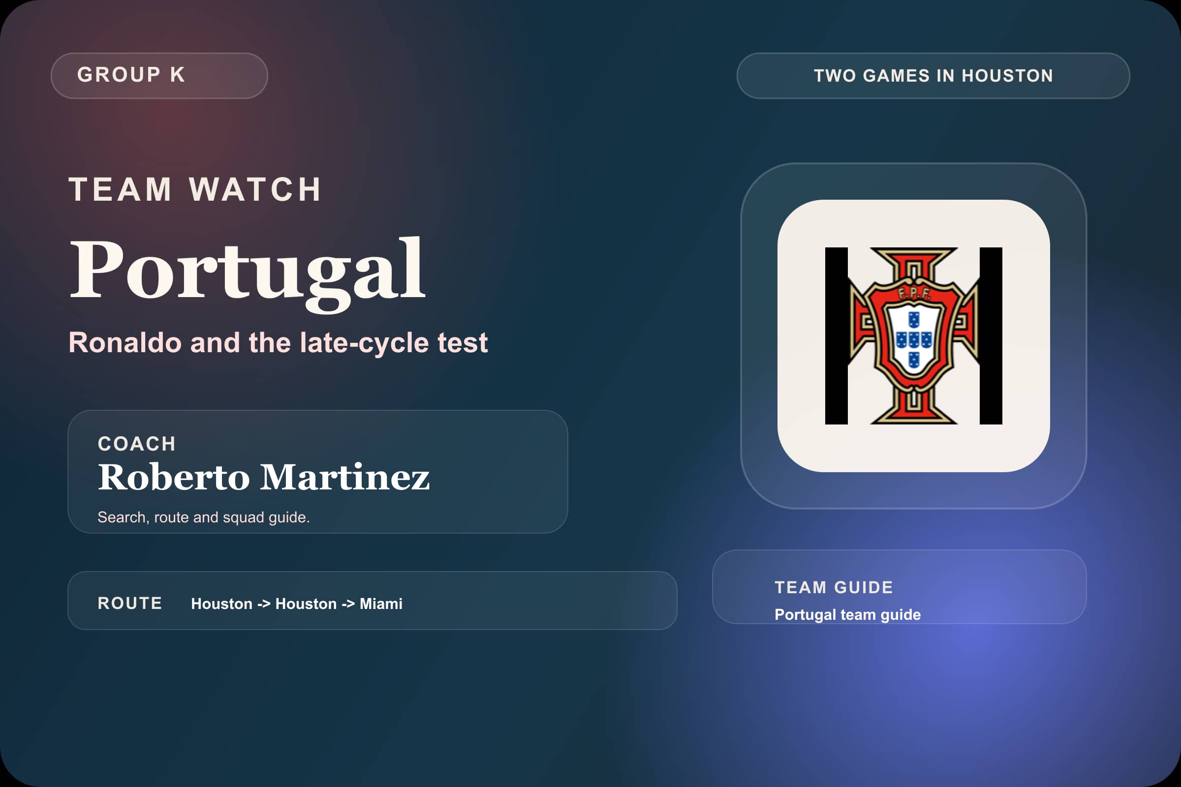 Portugal World Cup 2026 team guide graphic with Portugal crest, Roberto Martinez, Group K and the Houston-to-Miami route.