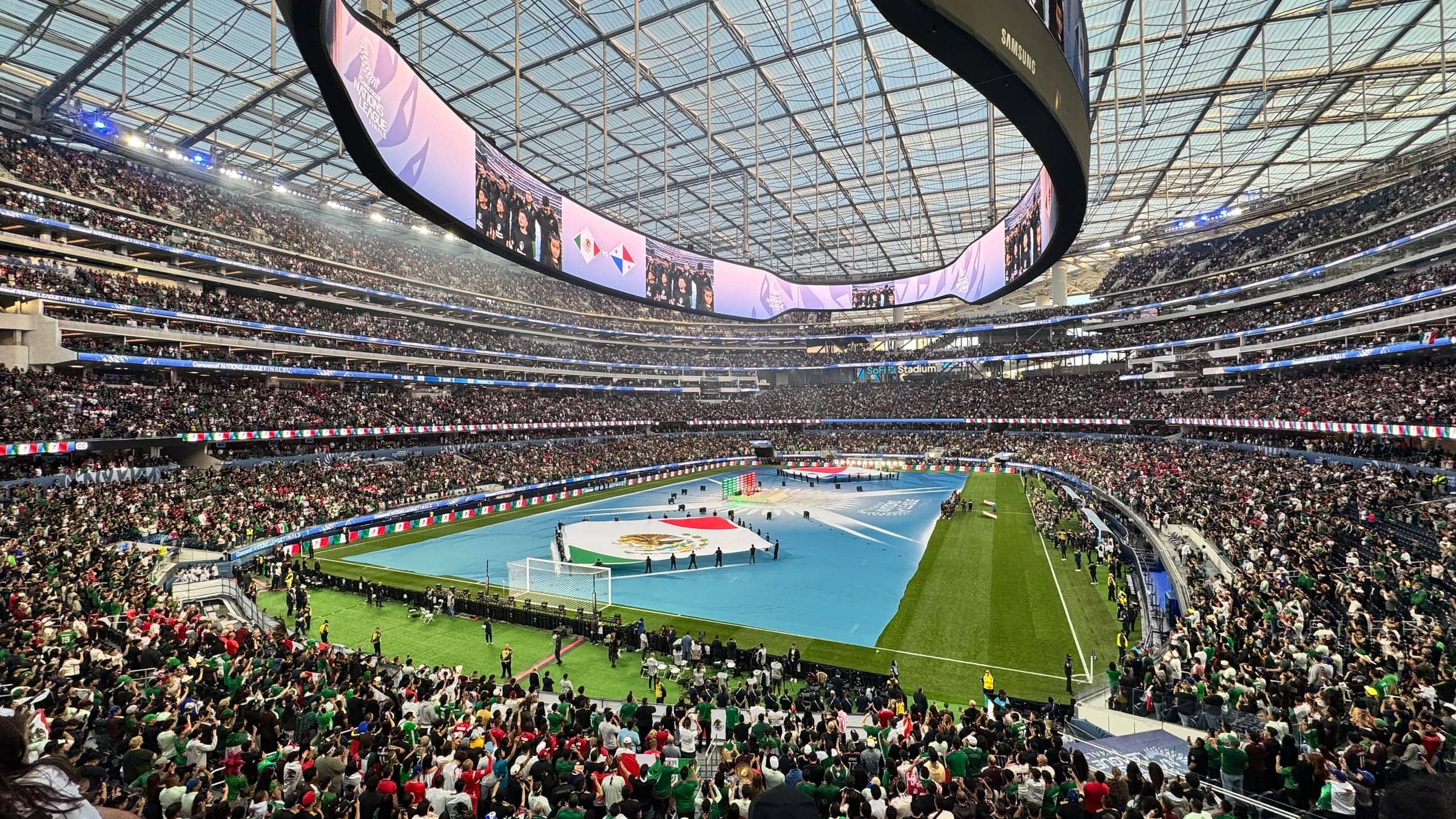 SoFi Stadium filled with football fans before a match in Los Angeles.