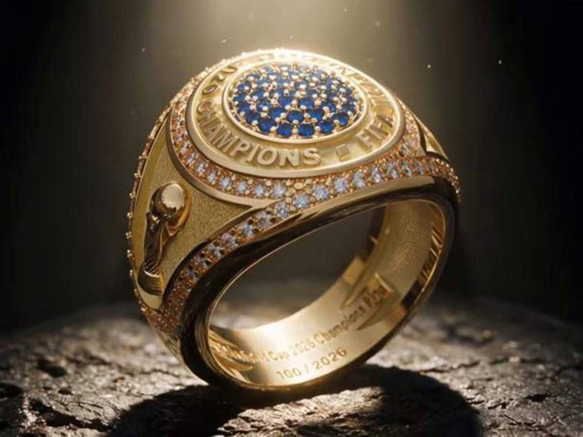 Official FIFA World Cup 2026 championship ring with gold finish and blue stones
