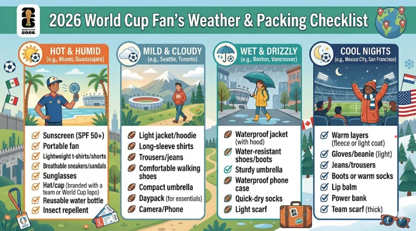 World Cup 2026 weather and packing checklist graphic with matchday essentials and travel tips.