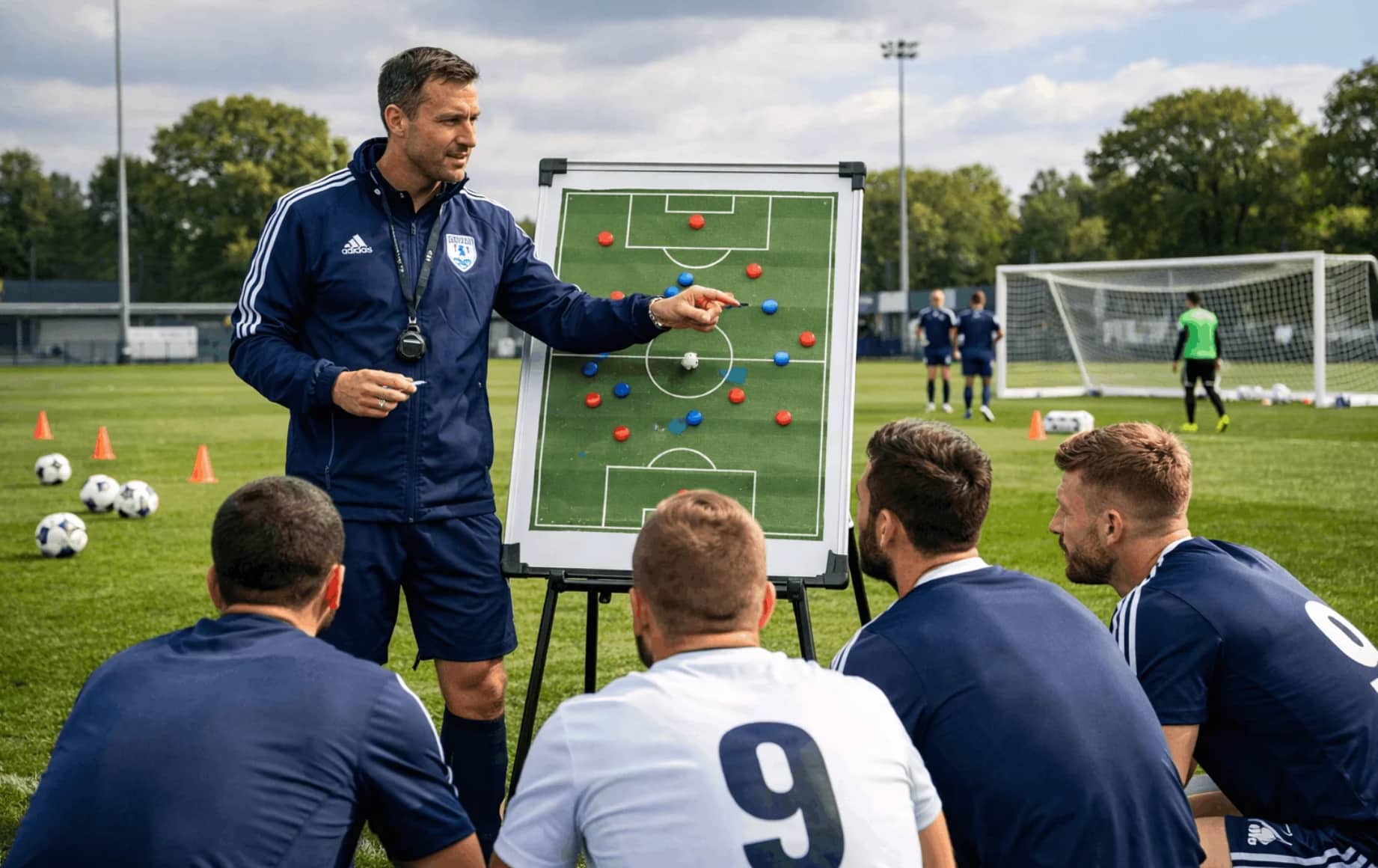 A football coach supervising tactical training on the pitch