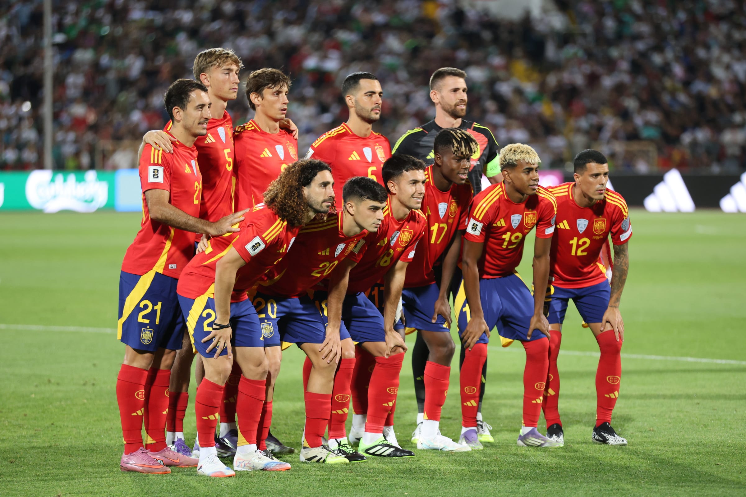 Spain's national team lines up before the match against Bulgaria on Sept. 4, 2025.